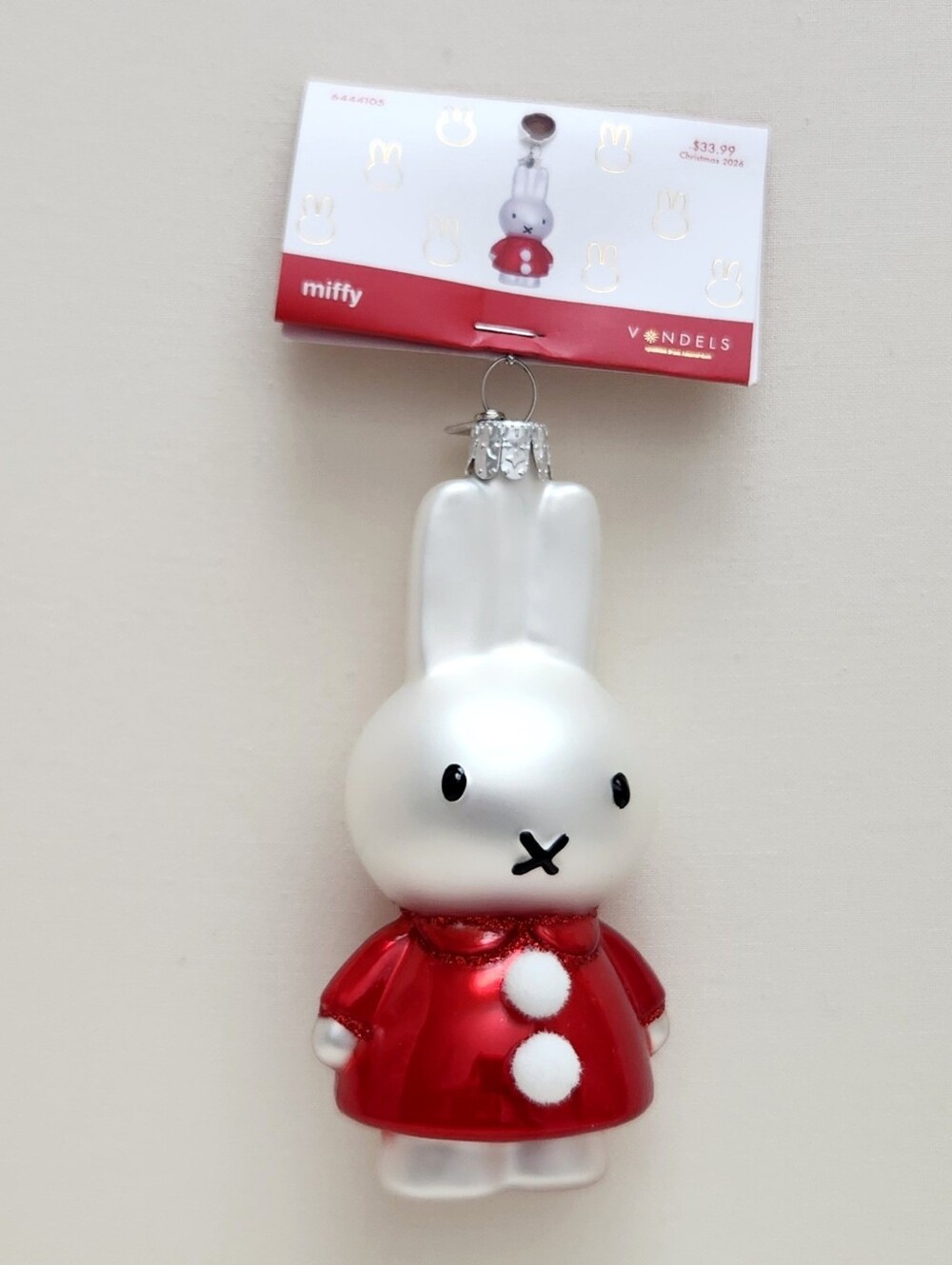Vondels Miffy in Red Santa Dress Glass Christmas Ornament, New w/ Tag